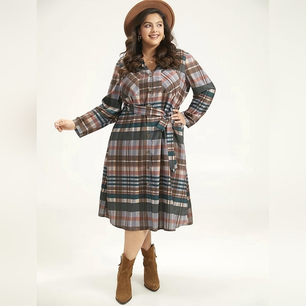 BloomChic Plaid Midi Dress - Brown and Green